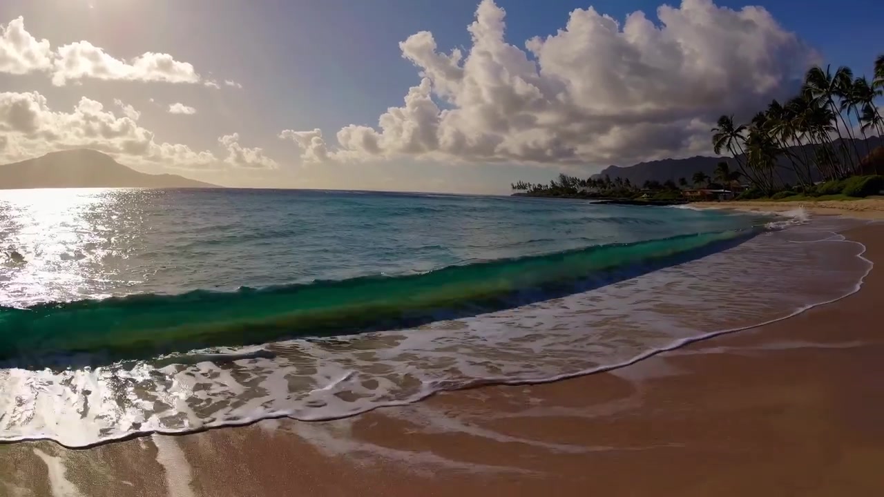 Ondas Suaves do Oceano Quebrando em uma Praia Tropical de Areia ao Pôr do Sol