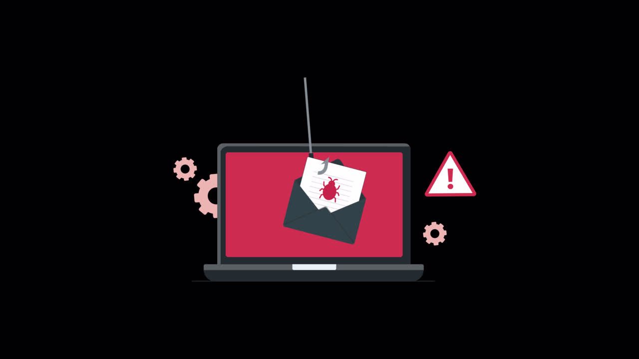 Animeret phishing-e-mailangreb på bærbar computer med advarselstegn