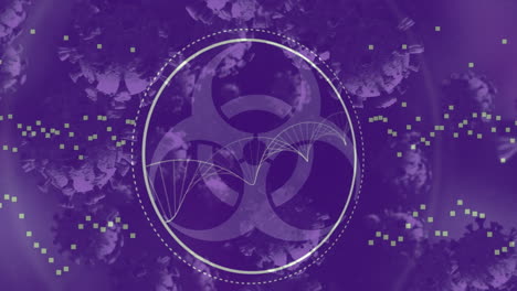 animation of biohazard in circle and virus cells on violet background