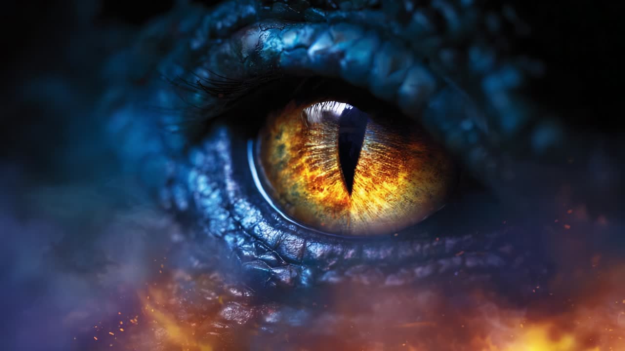 A Dramatic Close-Up of a Magnificent Dragon's Eye, Captivatingly Showcasing Its Fiery Gaze and Intricate Scales, Surrounded by a Mysterious Inferno of Flames and Smoke, Evoking a Sense of Power and Fantasy