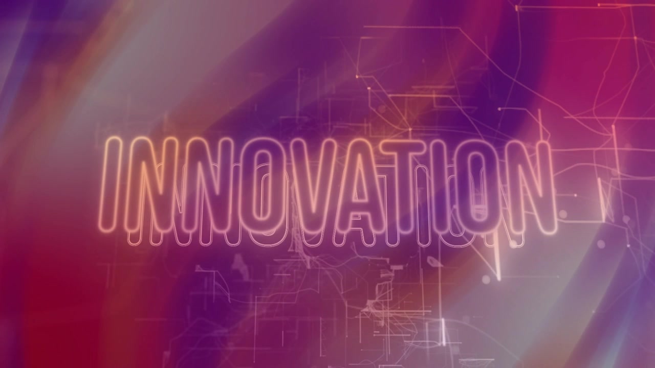 Swirl rotating and deepening, revealing neon INNOVATION growing and pulsing to present tech title