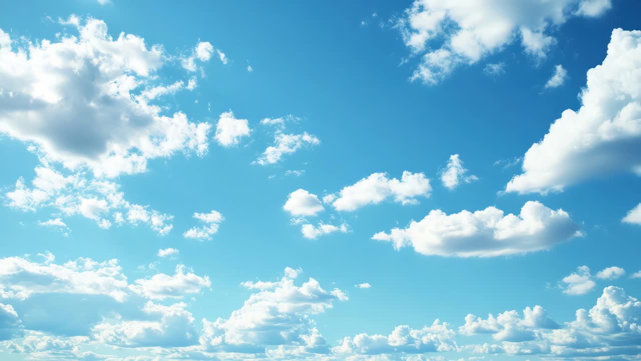 A serene video of a bright blue sky with fluffy white clouds, captured from a low-angle perspective