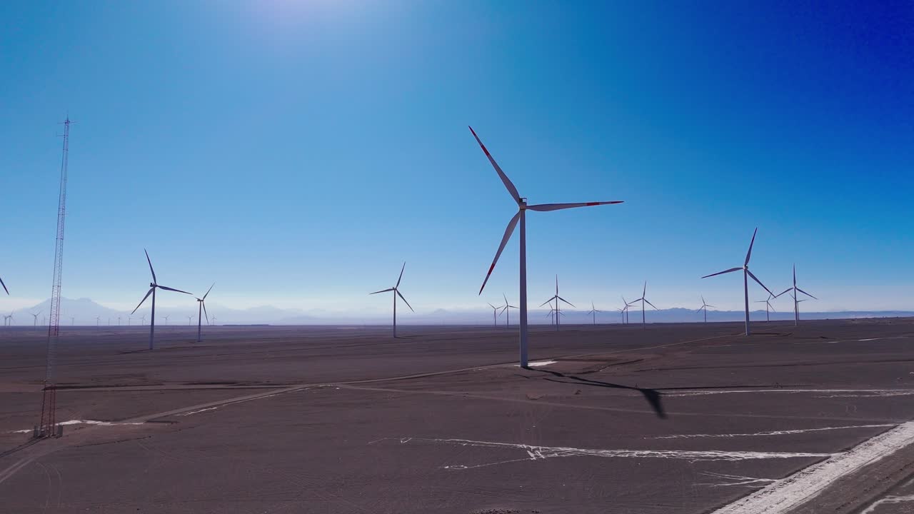 Aerial view of windmills in desert