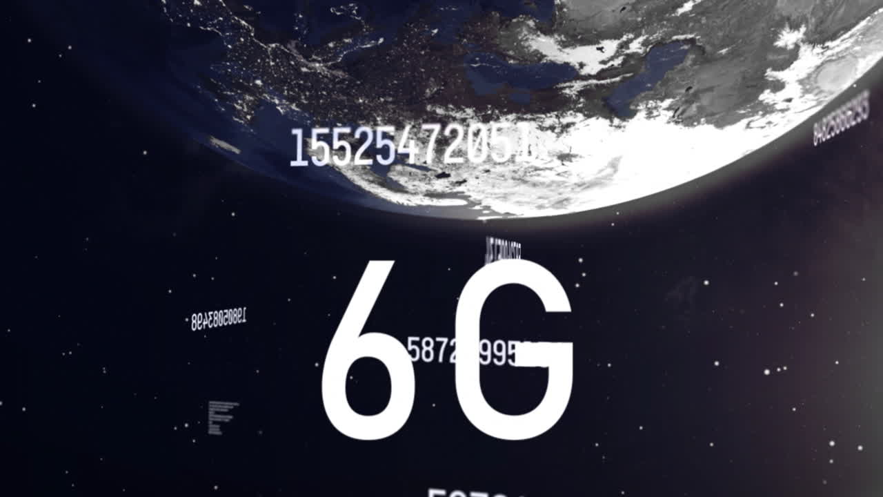 6G technology text animation over Earth from space with numerical data