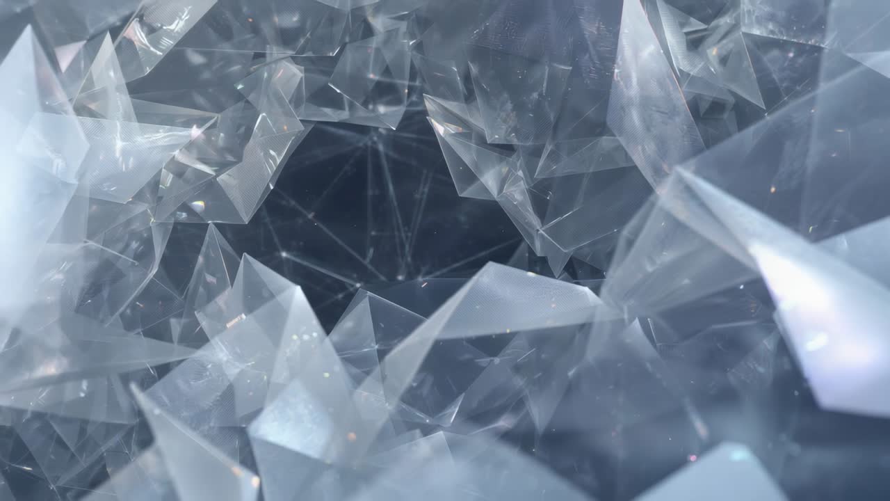 Gliding camera moving forward through crystal chamber, animation starting revealing shifting shards