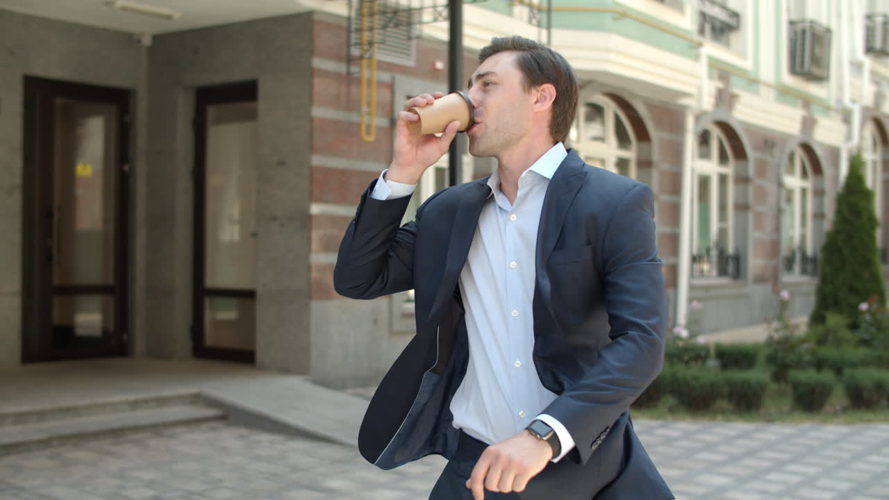 Close up view of man going to work with coffee outdoor