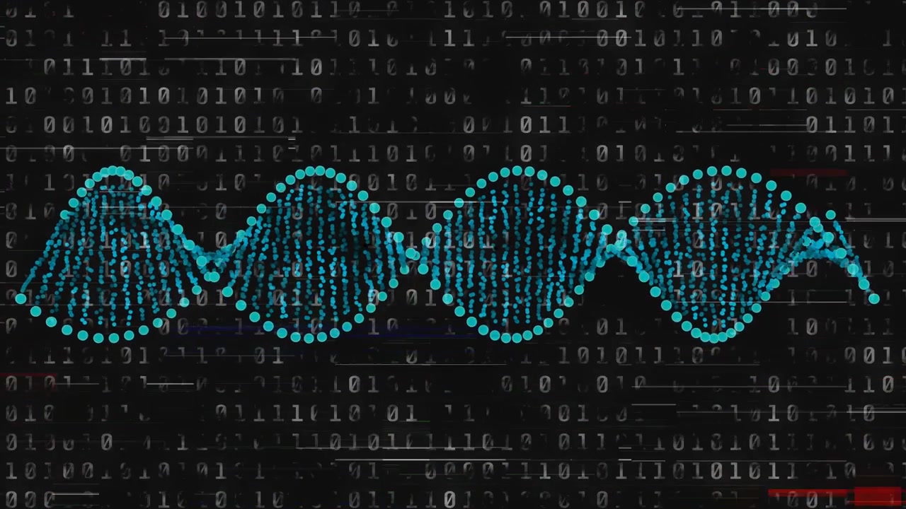 Dotted helix reacting to scanline glitch, oscillating, brightening while showing binary data