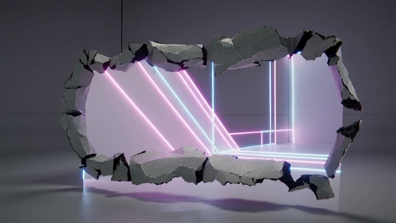 Si rivelano le fessure di un anello di cemento che si allargano, esponendo un palco illuminato al neon in studio a terra con fasci ciano-rosa.