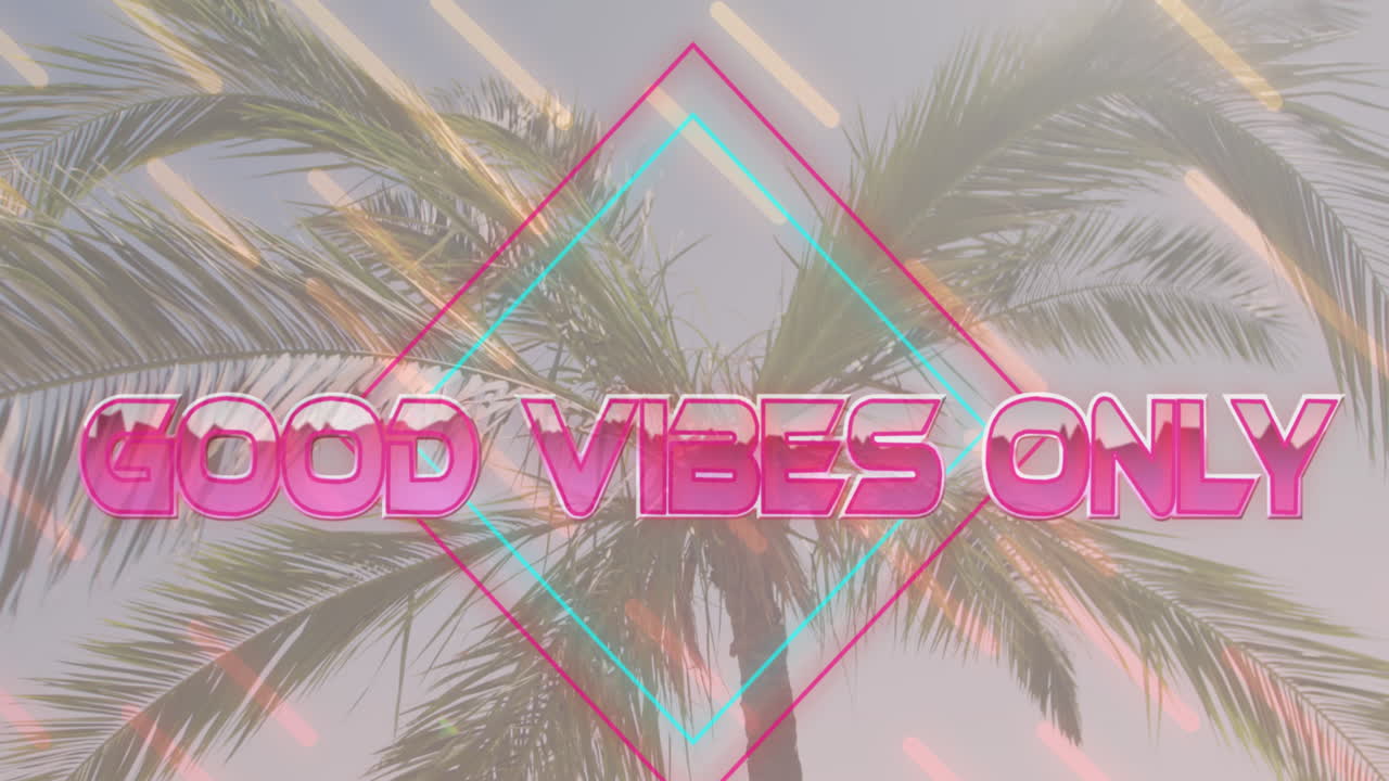 ⁇ 빛이 비치는  ⁇ 나무 위에 다이아몬드와 움직이는 선과 함께 분홍색으로만 좋은 진동이라는 단어의 애니메이션