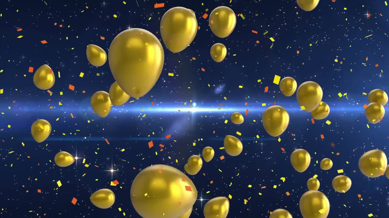 animación de confeti cayendo y globos de oro volando sobre un fondo azul