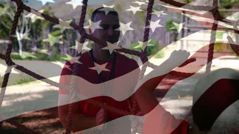 animation of flag of usa over caucasian man and boy during obstacle race training