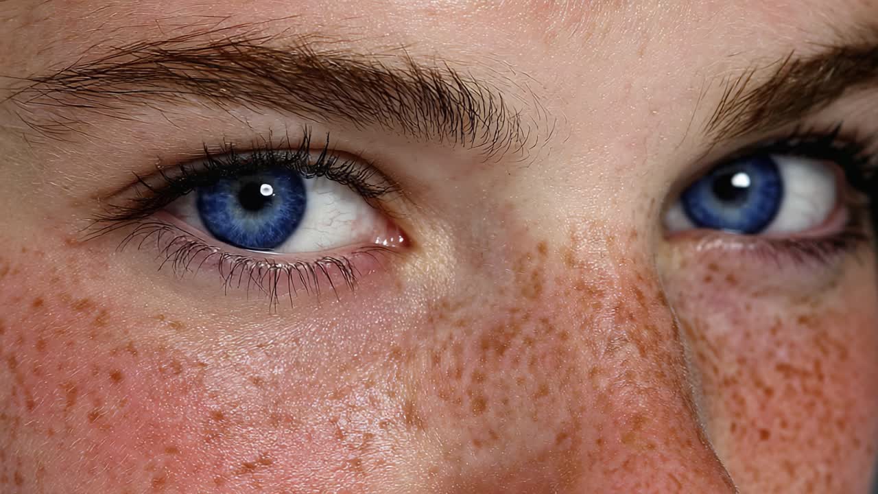 Close-Up of a Young Individual's Striking Features, Highlighting Blue Eyes and Freckles with Defined Eyebrows, Capturing Natural Beauty and Expression in Two Intimate Frames