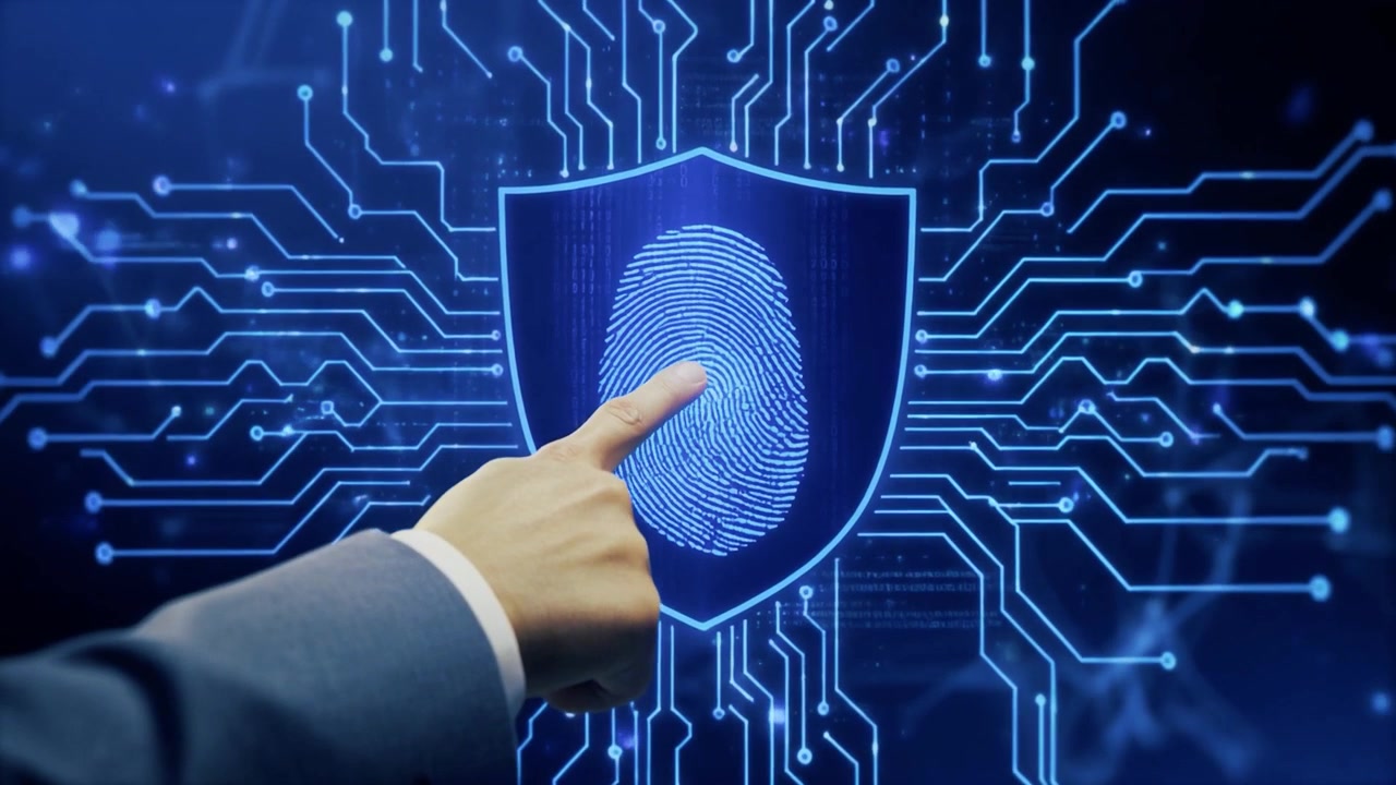 Businessman Touching Digital Fingerprint Security Shield Interface