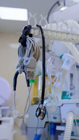 tubes, wires, plugs and stethoscope hanging on the holder in medical ward. switched off artificial lung ventilator apparatus with black screens on top. vertical video
