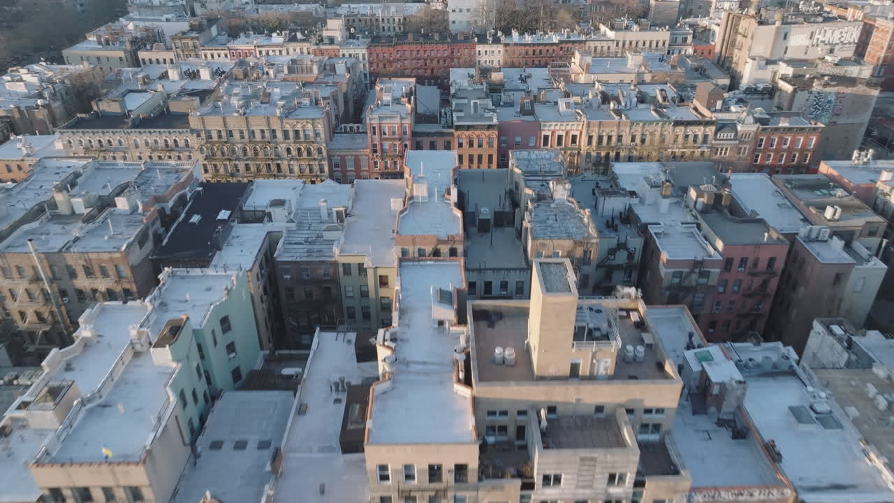 Aerial view of residential buildings in Manhattan's Alphabet City. Shot at sunrise in New York City.