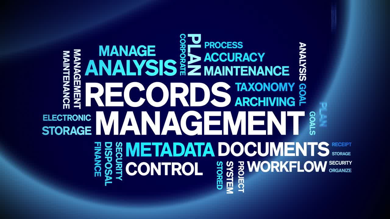 4k Records Management Animated Tag Word Cloud,Text Animation seamless loop.