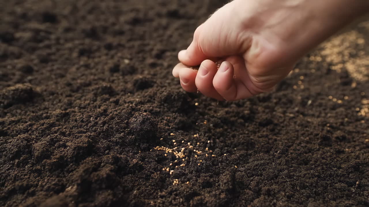 A hand sowing seeds into dark soil