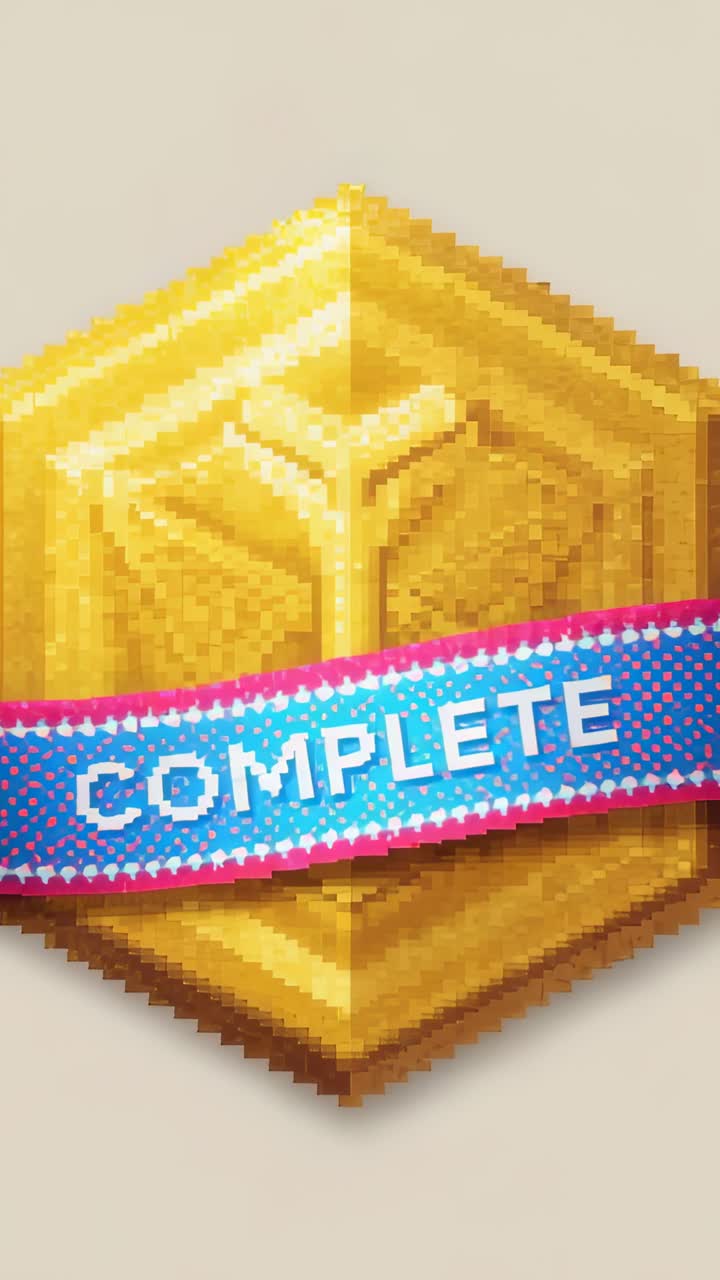 Vertical video: Pulsing pixel badge following frames, ribbon showing COMPLETE on beige backdrop