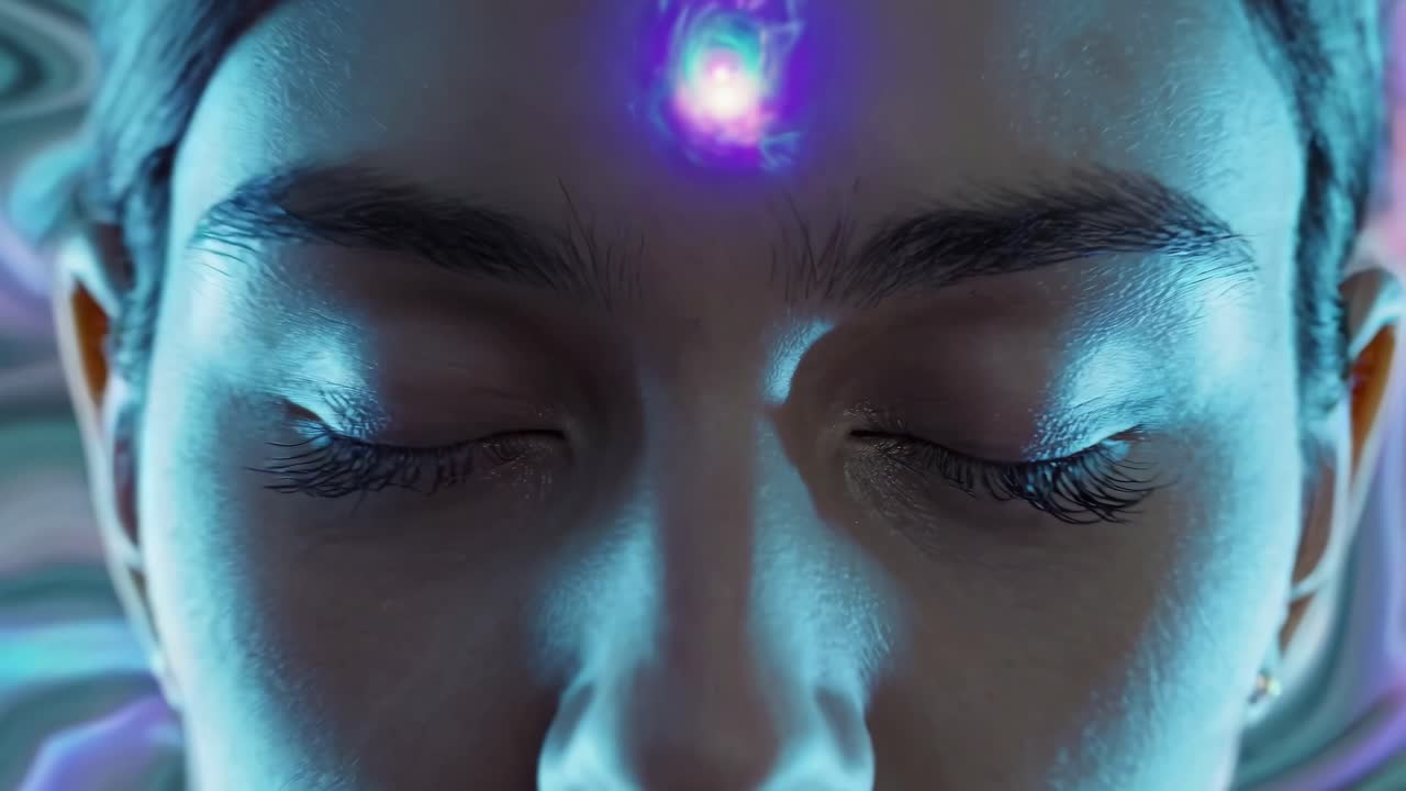 Close-up video angle of a serene face with a glowing third eye, set against a swirling, colorful