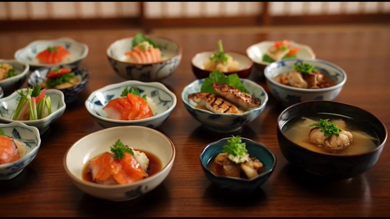 木製のテーブルに並べられた伝統的な和食の小皿料理の盛り合わせ