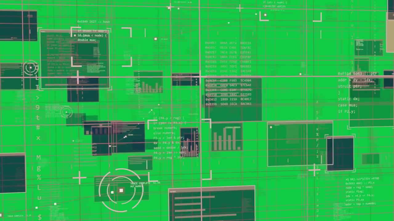 Playhead moving layered UI panning grid showing code reticle beige tag visualizing data on clear bg