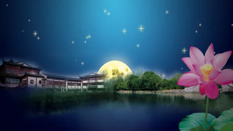 Retro-Peaceful-nature-Traditional-Chinese-style-lotus-pond-moonlight-old-house-moon-lake-star,-China-Japan-retro-painting-ink-misty-mountain-with-flowers,-tree,-birds,-river-in-fog-background