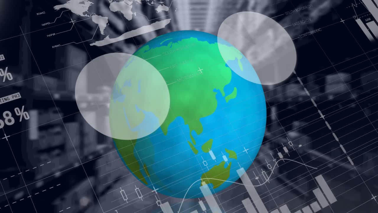 animación del procesamiento de datos, globo girando sobre el almacén