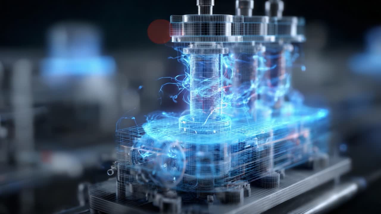 A Stunning Visual Representation of Advanced Tech: Electric Energy Flowing Through a Futuristic Machine with Extraordinary Detailing and Illumination Effects