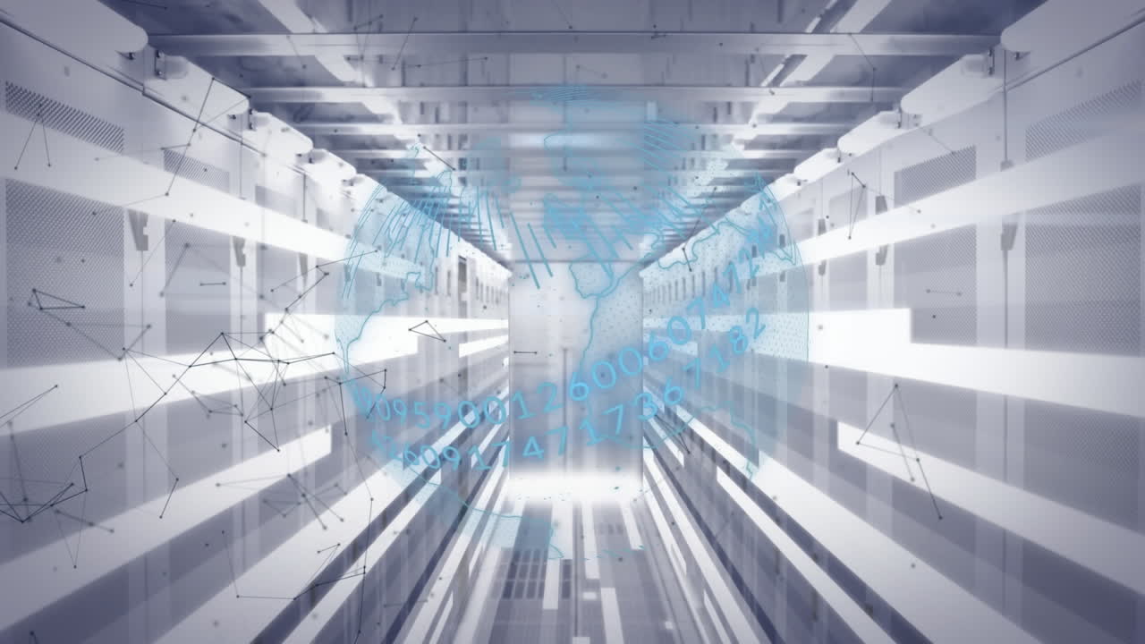 Animation of globe and networks of connections over computer servers