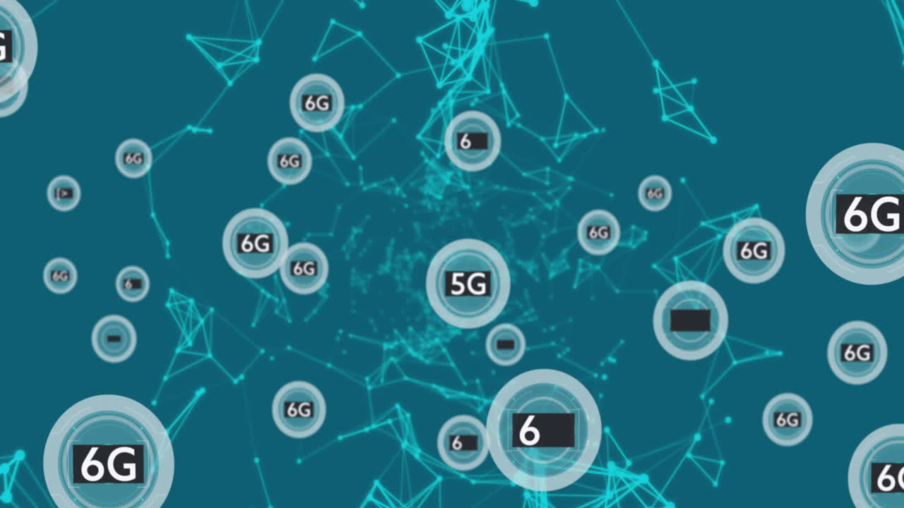 animación de la red de conexiones con texto 6g en fondo azul