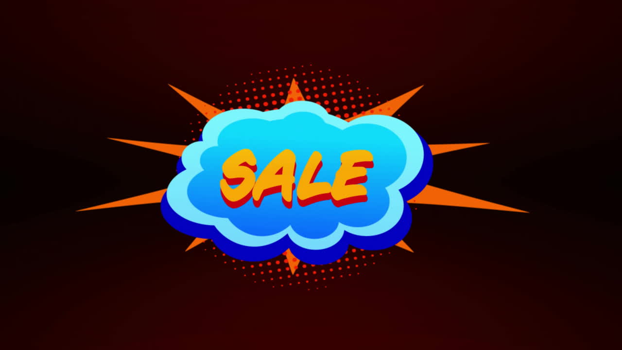 Animation of sale text with shapes over light spots on black background