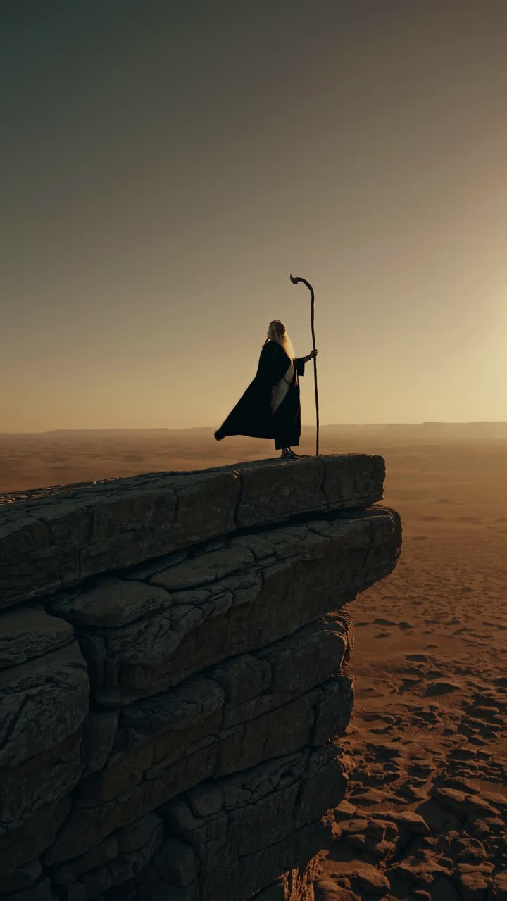 A dramatic video still of a robed figure with a staff on a cliff edge at sunset, captured from a low