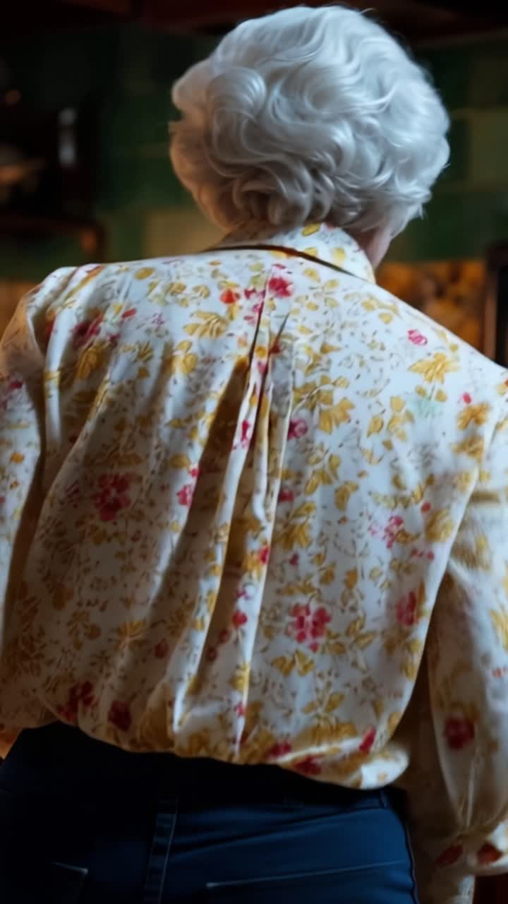 Wanita dengan rambut ikal putih duduk tenang. Tampak belakang menunjukkan dia mengenakan blus motif bunga. Cahaya hangat meneranginya dari belakang. Posturnya menyiratkan refleksi tenang atau jeda