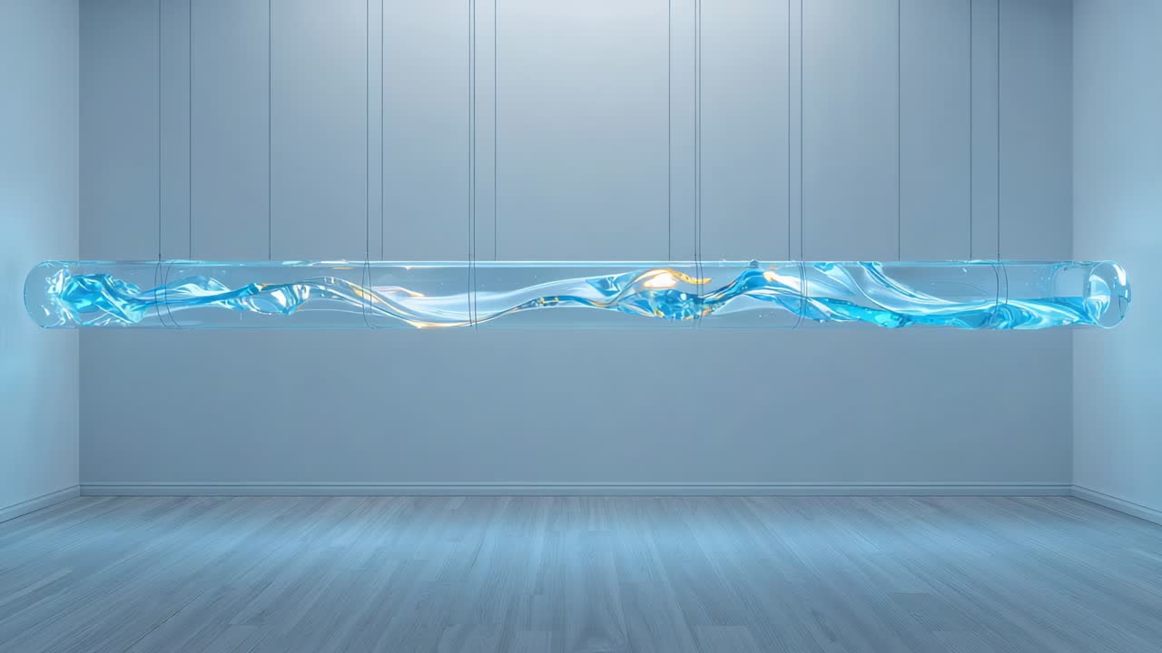 Moving internal blue ribbon within long clear tube, responding to subtle flow in pale room, cables