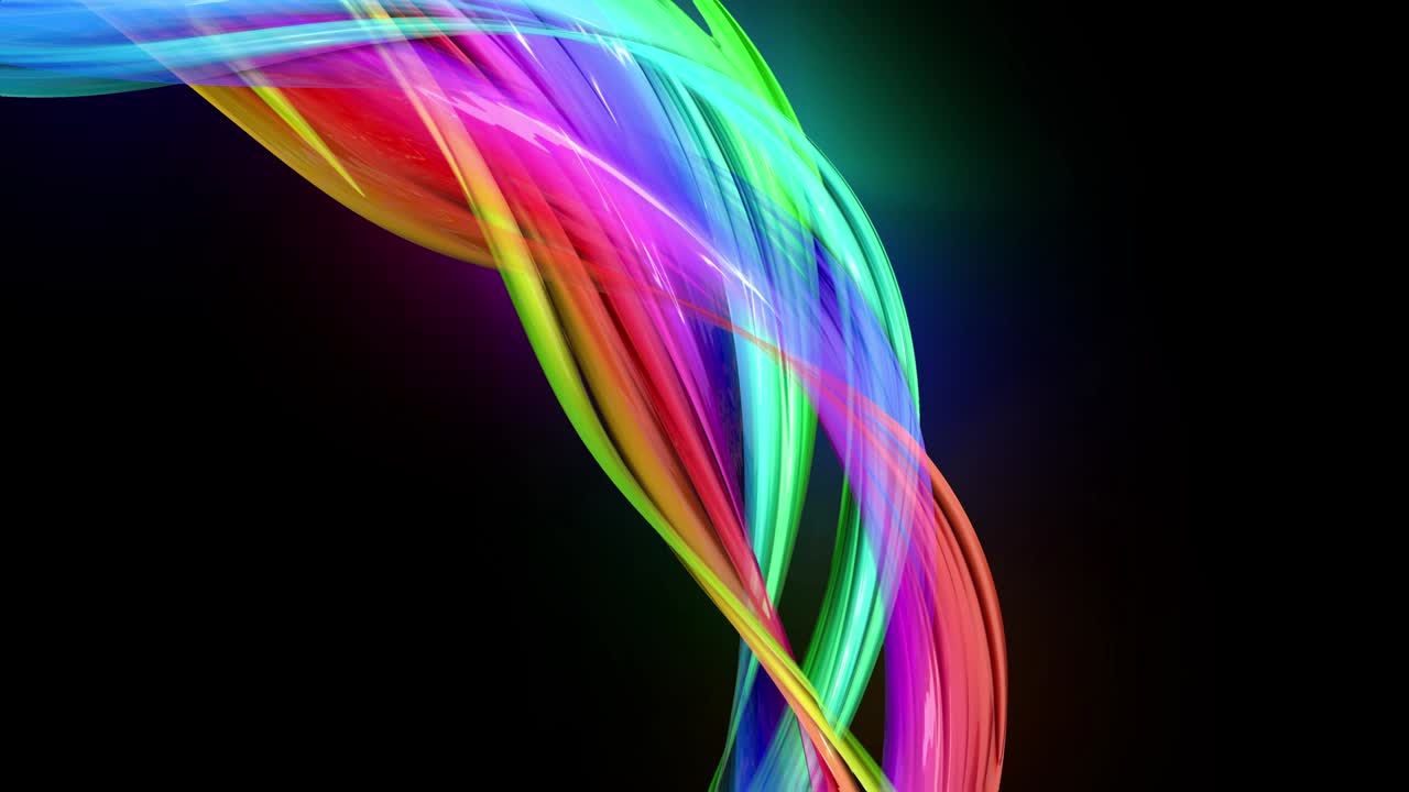검은색 배경에 네온 빛을 가진 투명한 색상의 선. 모션 그래픽 3d 루프 배경과 다채로운 다채로운 무지개 리본. 모션 디자인 스타일의 아름다운 원활한 배경 60