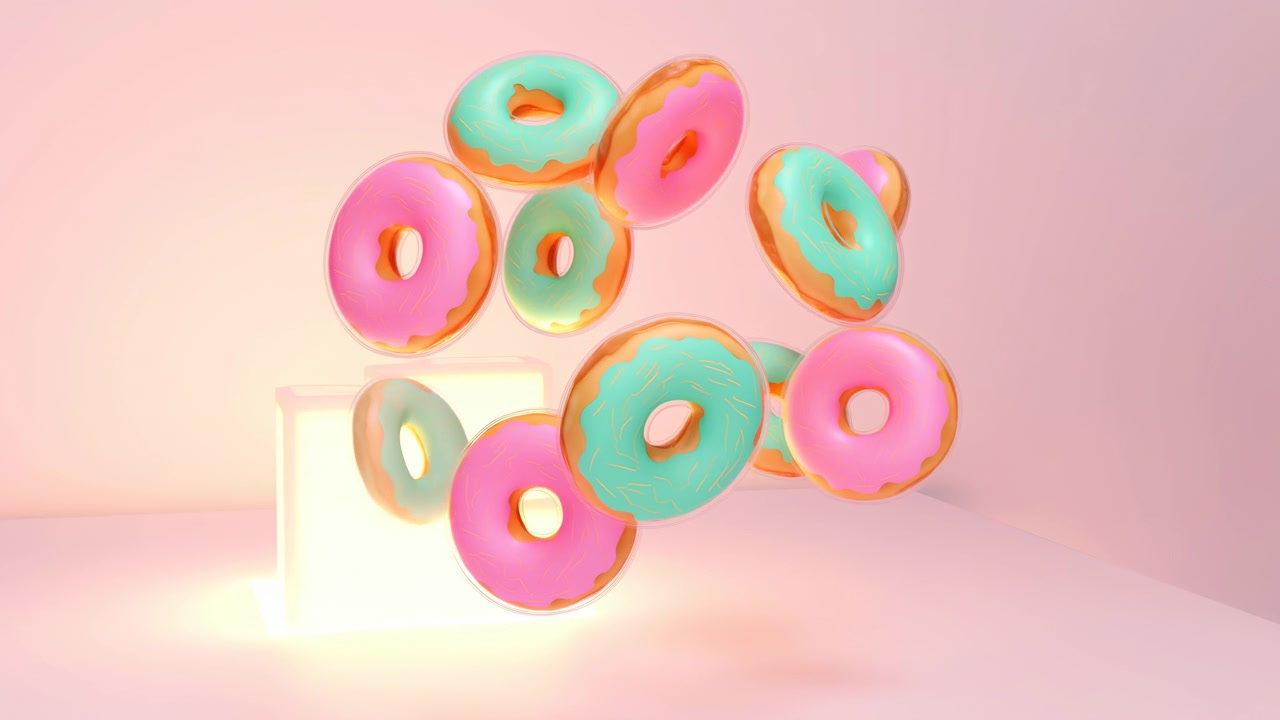 Gruppo di ciambelle glassate color pastello sospese sopra un cubo illuminato, che mostrano rotazioni variegate e spaziatura verticale che ne rivelano le parti superiori, i lati e le parti inferiori.