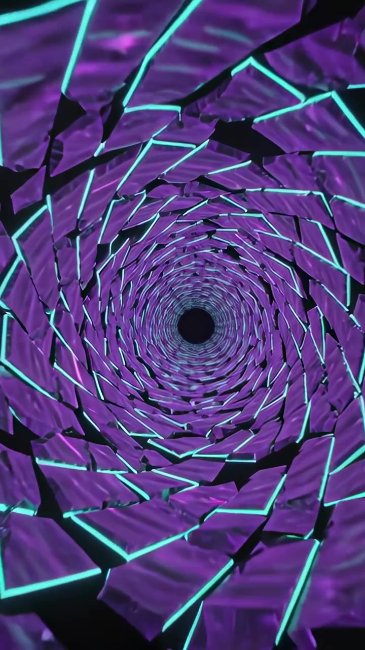 Video verticale: Avvio riproduzione con piastrelle viola che ruotano in un nucleo nero in un ritratto al neon