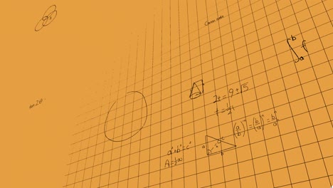 Animation-of-mathematical-equations-over-grid-network-against-orange-background