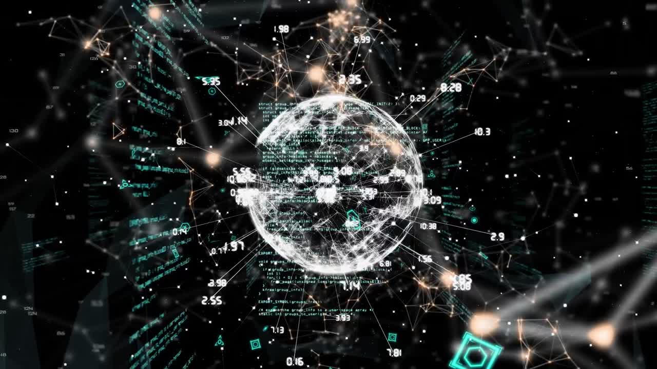 Globe of network of connections against data processing on black background