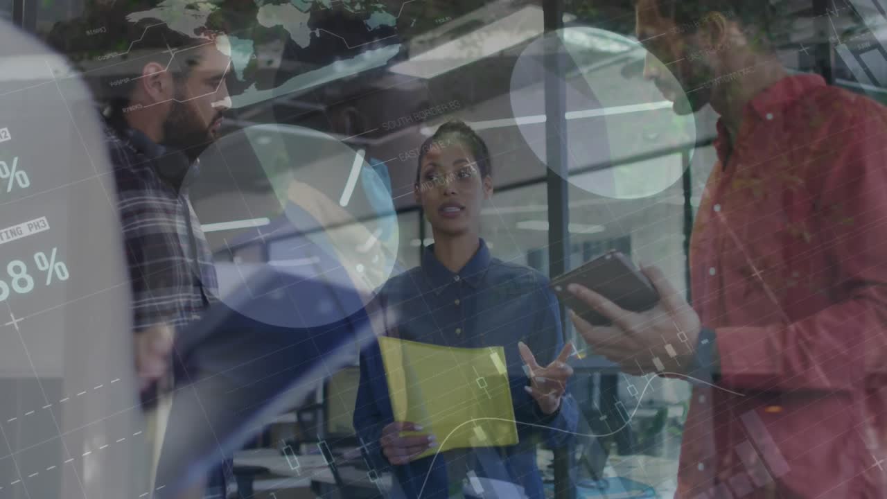 Animation of statistics and financial data processing over man and woman working in warehouse