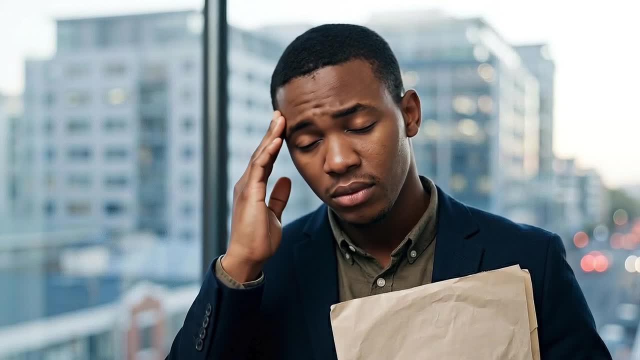 Stressed Young Businessman Rubbing Temples in Office
