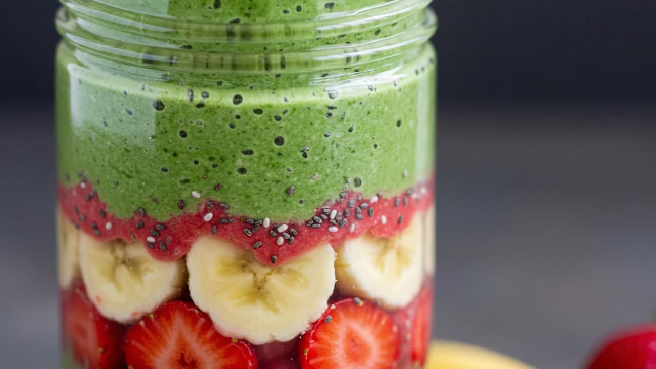 Colorful Layered Smoothie in Jar Showcasing Fresh Fruits with Green Spinach Blend, Perfect for a Healthy Breakfast or Snack Option with Nutrient-Rich Ingredients
