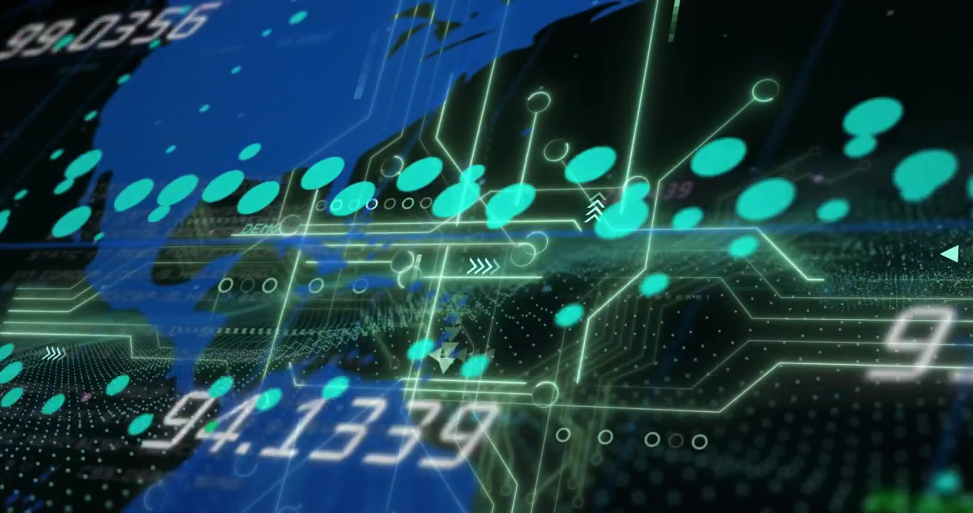How data processing works over a computer circuit board and with a world map in the background