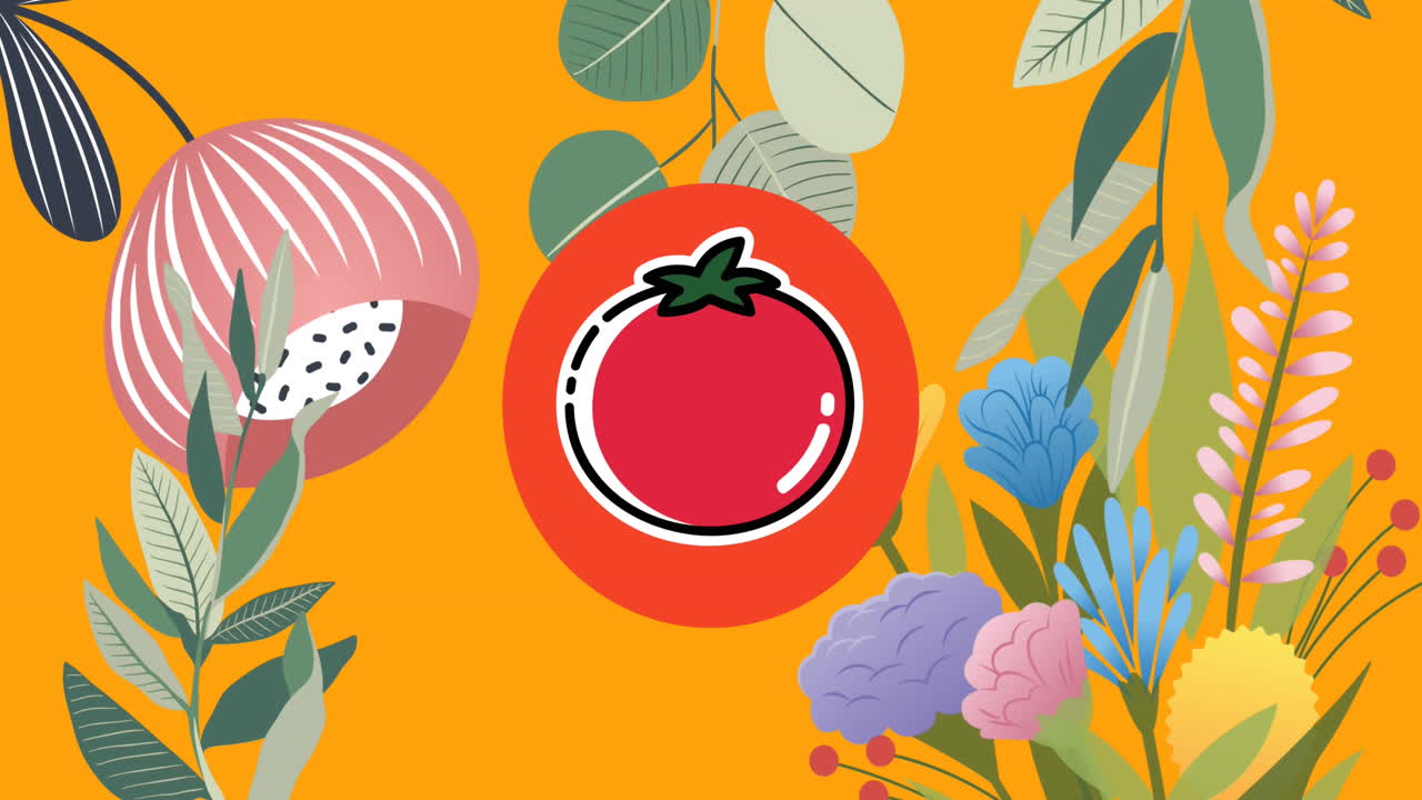 노란색 배경에 오렌지색 원 식물과 꽃에 빨간 토마토의 애니메이션
