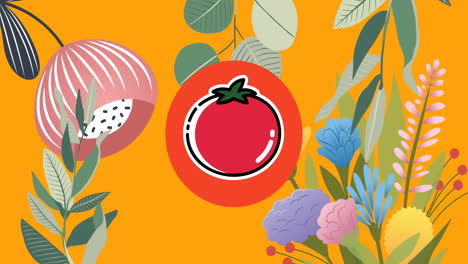 animación de tomate rojo en plantas y flores de círculo naranja sobre fondo amarillo