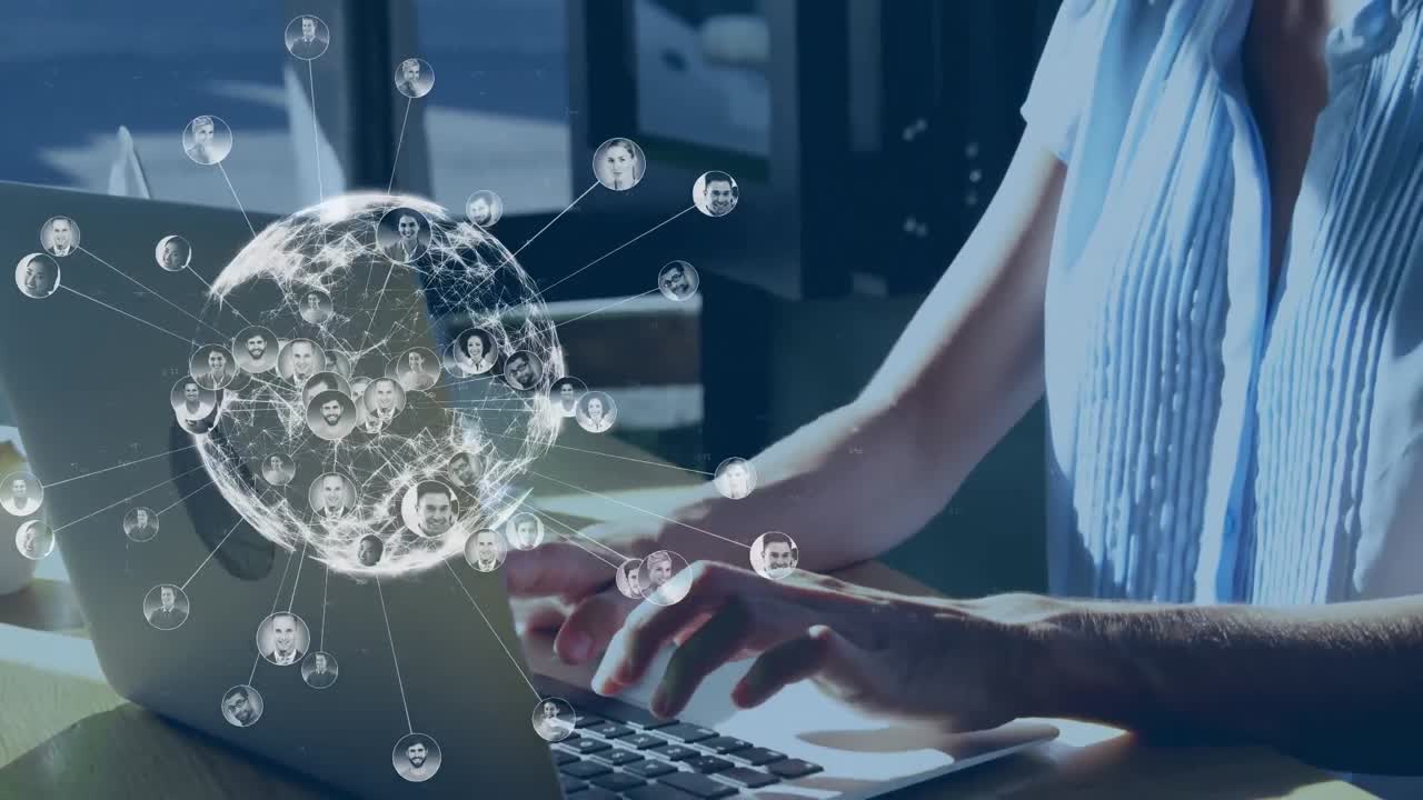 Animation of data processing and globe over woman using laptop