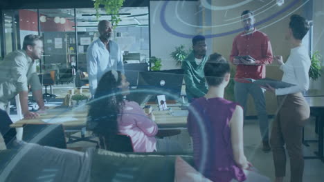 animation of scope and data processing over diverse business people in office