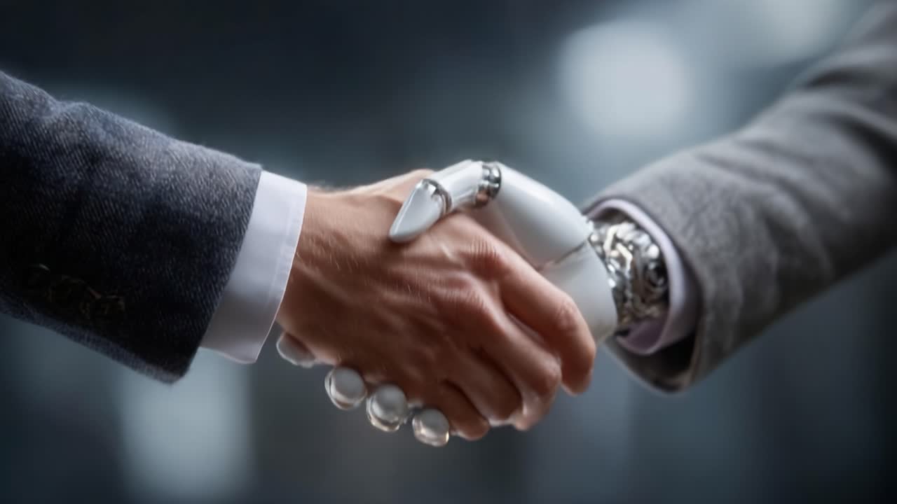 A Fascinating Moment of Connection: The Unique Handshake Between Human and Robot Symbolizing a New Era of Collaboration and Technology Advancements