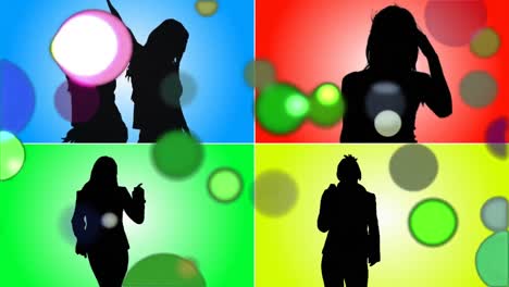 Sich-Bewegende-Farbige-Lichtpunkte-Mit-Silhouettierten-Tänzern-Auf-Vier-Leinwänden