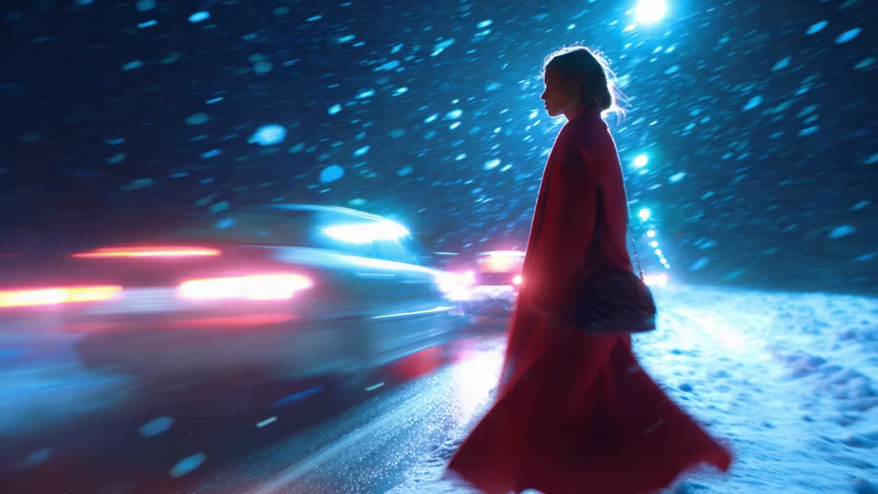 In the midst of a snow-laden night, a solitary figure in a vibrant red coat strides gracefully along a quiet road, illuminated by glimmering streetlights and the blur of passing vehicles, creating a captivating scene